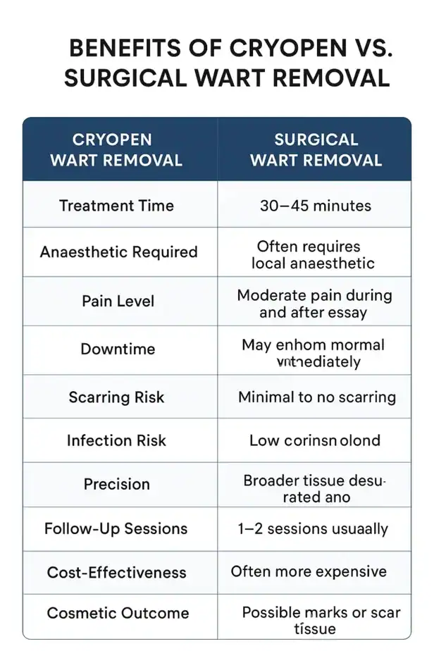 Table showing the benefits of cryopen to remove warts Cambridgeshire compared to surgical treatment